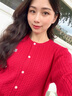 ELLE ACTIVE針織衫開衫2025年初秋新品含綿羊時(shí)尚氣質(zhì)絞花毛衣開衫外套女 紅色 S 曬單實(shí)拍圖