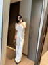 俞兆林（YUZHAOLIN）醋酸緞面闊腿褲女2025夏季新款水墨畫印花顯瘦高腰垂感直筒西裝褲 杏色常規(guī)款【單獨褲子】 M 曬單實拍圖
