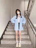 莜仙格女士純色綁帶設(shè)計(jì)長袖襯衫女新款2025春夏薄款開衫外搭設(shè)計(jì)感外套 藍(lán)色 L :105-115斤 曬單實(shí)拍圖