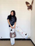 LDBE美式高街格子翻邊口袋工裝牛仔褲女夏季小狗刺繡寬松直筒闊腿長褲 白色 M 曬單實(shí)拍圖