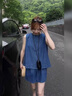FSHE夏季女裝套裝新款韓系小個子女裝減齡時尚松緊腰短褲兩件牛仔套裝 深藍(lán)色 S 建議80-100斤 曬單實拍圖
