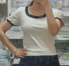 UR2025春季新款女裝時尚撞色拼接修身U型領短袖T恤UWM450033 淺黃色 L 曬單實拍圖