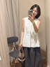 DGOV日系女裝套裝女夏季抽繩收腰無(wú)袖襯衫小個(gè)子氣質(zhì)套裝高腰闊腿褲女 上衣 單件 S 建議80-90斤 曬單實(shí)拍圖