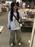 JAVC潮牌美式灰色工裝褲女直筒休閑褲傘兵街舞闊腿褲嘻哈hiphop束腳褲 灰色 M 建議 96-115斤 曬單實拍圖