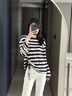 對(duì)白簡(jiǎn)約軟糯條紋針織衫長(zhǎng)袖T恤女2025秋新款松弛感抽繩圓領(lǐng)上衣 藍(lán)白條紋 S 曬單實(shí)拍圖