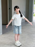 真維斯女童套裝夏季兒童短袖牛仔短褲薄款夏裝女孩可愛兩件套時(shí)尚童裝 白+淺藍(lán) 130 曬單實(shí)拍圖