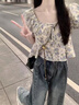 LPOX法式甜美短袖女夏季小個子泡泡袖別致時尚小碎花短款上衣 夏季上衣 M (建議100-110斤) 曬單實拍圖
