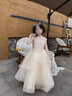 思妙星女童晚禮服高端生日宴花童女孩公主裙兒童主持人鋼琴樂團(tuán)演出服夏 香檳色長款 150 曬單實(shí)拍圖