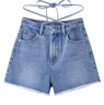 樂(lè )町夏季新款毛邊腳口綁帶牛仔短褲女C1HBE2424 淺牛仔藍 M 曬單實(shí)拍圖