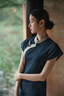 浮云堂.雅」花影.新中式改良亞麻旗袍連衣裙女25夏禪意收腰茶服 湛藍 M 曬單實(shí)拍圖