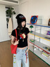江南先生NewJNXS涼感冰皮短袖T恤夏季男修身正肩刺繡蘋果潮流上衣 黑色短款 彈力面料 L 曬單實(shí)拍圖