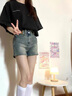 美式復古高腰牛仔短褲女夏季新款小個(gè)子顯瘦a字百搭闊腿熱褲子潮 復古藍 M 曬單實(shí)拍圖