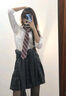 amber heey純欲黑絲jk制服夏裙正套裝全套甜美格裙學院風半身裙學姐百褶裙女 煙灰+短袖襯衫+蝴蝶結+黑絲 M 曬單實拍圖