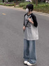 LDBE重磅純棉短袖t恤女寬松美式復古狗狗印花慵懶風(fēng)松弛感插肩袖上衣 黑拼花灰色 S 【80-100斤】 曬單實(shí)拍圖