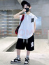 THINKPIRE男童套裝夏季衣服兒童短袖帥氣童裝男孩無袖背心運動休閑兩件套 7329-白色 130 碼建議身高120CM 曬單實拍圖