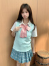 曦牧遙JK制服套裝秋冬無袖套頭V領馬甲背心女日系學院風毛衣針織衫上衣 襯衫+綠背心+藍灰裙+粉點領結 S 曬單實拍圖