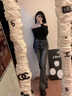 若盼美式復古彈力緊身煙灰色高腰微喇牛仔褲女春秋夏季顯瘦微喇叭褲子 黑灰色長(cháng)褲款(156-165) L 建議106-115斤 曬單實(shí)拍圖