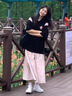 哈魯?shù)隙绦鋞恤女2025夏季設(shè)計(jì)感小眾拼接撞色polo領(lǐng)半袖上衣潮流女裝 黑拼粉 M 100-110斤） 曬單實(shí)拍圖