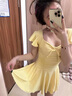 南木熊泳衣女2026新款保守連體裙式游泳衣仙女純欲遮腰顯瘦休閑度假泳裝 黃色短袖泳衣【75-115斤】 曬單實(shí)拍圖