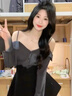 JAVC吊帶襯衫上衣高腰黑色A字短半身連衣裙子女夏季2025新款辣妹套裝 【兩件套裝】露肩襯衫+黑色半身裙（帶安全褲） S 建議 80-95斤 曬單實(shí)拍圖