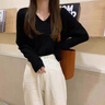 DAVEY MODE慵懶風V領毛衣女2025秋冬新款韓版寬松上衣設計感小眾打底針織衫 黑色 M 【建議90-105斤】 曬單實拍圖