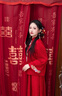 卡悠萊（KAYOULAI）訂婚禮服男女套裝新中式旗袍敬酒服新娘紅色高級感晨袍結婚婚服秀 酒紅色松緊腰兩件套項鏈 M 均碼 曬單實(shí)拍圖