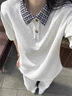 LDBE撞色格紋polo領(lǐng)短袖t恤女夏季美式復(fù)古學(xué)院風(fēng)小眾設(shè)計感半袖上衣 白灰色 M 【80-100斤】 曬單實拍圖