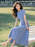 晚白【斷碼清倉】航海系穿搭裙子氣質(zhì)圓領(lǐng)收腰連衣裙 藍色 2XL 曬單實(shí)拍圖