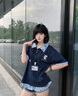 LDBE美式復(fù)古小狗刺繡假兩件短袖t恤女夏季新款學(xué)院風(fēng)polo領(lǐng)拼接上衣 藏青色 M 曬單實(shí)拍圖
