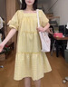 媽媽本色 孕婦連衣裙夏季2025新款時尚方領黃色短袖格子A字裙小個子中長款 黃色連衣裙 L 曬單實拍圖