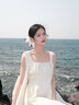 糖力商場同款 白茶甜杏裙 2025夏新款中長款收腰亞麻吊帶連衣裙女 米白色  天然亞麻料 塑腰X型 M (建議105-120斤) 曬單實拍圖