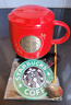 星巴克（Starbucks）杯子辦公咖啡杯陶瓷大容量水杯純色銅章馬克杯帶蓋中秋節 紅色單杯原盒+杯蓋+勺子杯墊 0 曬單實(shí)拍圖