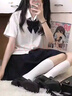 麓格立 短袖JK制服套裝白襯衫女學(xué)院風(fēng)短裙百褶裙日系寬松學(xué)生百搭套裝 套裝【白襯衫+黑百褶+領(lǐng)結(jié)】 M 【建議90-105斤】 曬單實(shí)拍圖
