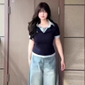 美式刺繡翻領(lǐng)假兩件正肩短袖T恤女夏季新款修身收腰顯瘦短款上衣 深藍(lán)色 M 曬單實(shí)拍圖