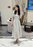 香影v領(lǐng)藍色泡泡袖連衣裙女2025夏季新款重工刺繡萊賽爾天絲裙子 航線藍 S 155/80A/85-95斤 曬單實拍圖