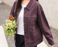 MsShe【天絲棉】大碼女裝2025新款秋裝胖mm復(fù)古明線顯瘦寬松外套 西梅紫色現(xiàn)貨 XL 曬單實(shí)拍圖
