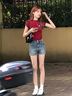 純棉重磅美式翻領(lǐng)撞色潮流短袖t恤女夏季2025新款寬松半拉鏈上衣 紅色【純棉】 L 曬單實(shí)拍圖