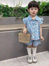 迪士尼寶寶女孩夏季套裝2025新款洋氣薄款飛袖碎花牛仔短褲女寶寶夏裝兩件套 藍色 100 建議90-100cm3-4歲cm 曬單實(shí)拍圖