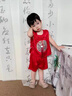 木木屋童裝嬰兒周歲衣服男寶寶夏季薄款生日抓周禮服新中式百日宴漢服 紅色三件套 90cm 90碼適合80-90年齡1-2歲左 曬單實(shí)拍圖