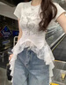 妙奕嘉白色短袖t恤女新款2025年女裝夏季女士正肩上衣女生純欲修身體恤 蕾絲拼接不規(guī)則飄帶短袖 L 【建議95-105斤】 曬單實拍圖