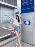 兔芊針織鏤空遮陽開衫短款外套女短袖罩衫配吊帶裙小披肩冰絲薄款外套 杏色 S 曬單實(shí)拍圖