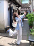 韓璐嬌（hanlujiao）休閑褲女裝夏季2025新款搭配一整套茶系減齡時尚穿搭三件套裝褲子 藍色襯衫+白色短袖+白色褲子 M 【98-108斤】 曬單實拍圖
