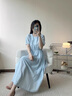 熙世界sllsky藍(lán)色亞麻連衣裙女2025夏季新款氣質(zhì)優(yōu)雅收腰圓領(lǐng)泡泡袖裙子 鹽水藍(lán) L 曬單實拍圖