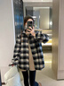 VEOX襯衫女加厚加絨黑色撞色格子復(fù)古磨毛秋冬疊穿寬松慵懶上衣外套女 黑色 M 90-105 曬單實(shí)拍圖