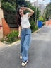 izzue IT復(fù)古水洗高腰牛仔褲女夏季潮流顯瘦寬松闊腿褲子 曬單實(shí)拍圖