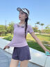 百思絨專業(yè)馬拉松跑步運(yùn)動套裝女后口袋短袖速干衣 黛紫上衣+紫短褲 XXL 曬單實(shí)拍圖