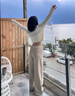 ALO YOGA寬松闊腿拼色跑步健身直筒褲戶(hù)外休閑瑜伽褲 女 椰子奶油 S 曬單實(shí)拍圖