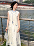 初蟬衣事新中式國(guó)風(fēng)連衣裙女2025夏新款優(yōu)雅高端氣質(zhì)精致立體繡花斜襟長(zhǎng)裙 湖白 S （預(yù)定） 曬單實(shí)拍圖