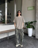 FOX.G男士短袖t恤男條紋寬松衣服男裝夏季2025新款男生半袖百搭情侶裝 卡其色圓領(lǐng)細條紋撞色T恤 3XL 【建議150-165斤】 曬單實(shí)拍圖