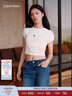 Calvin KleinJeans25春夏女士簡(jiǎn)約刺繡時(shí)尚ck辣妹正肩羅紋短袖T恤47AB212 101-象牙白 XXS 曬單實(shí)拍圖